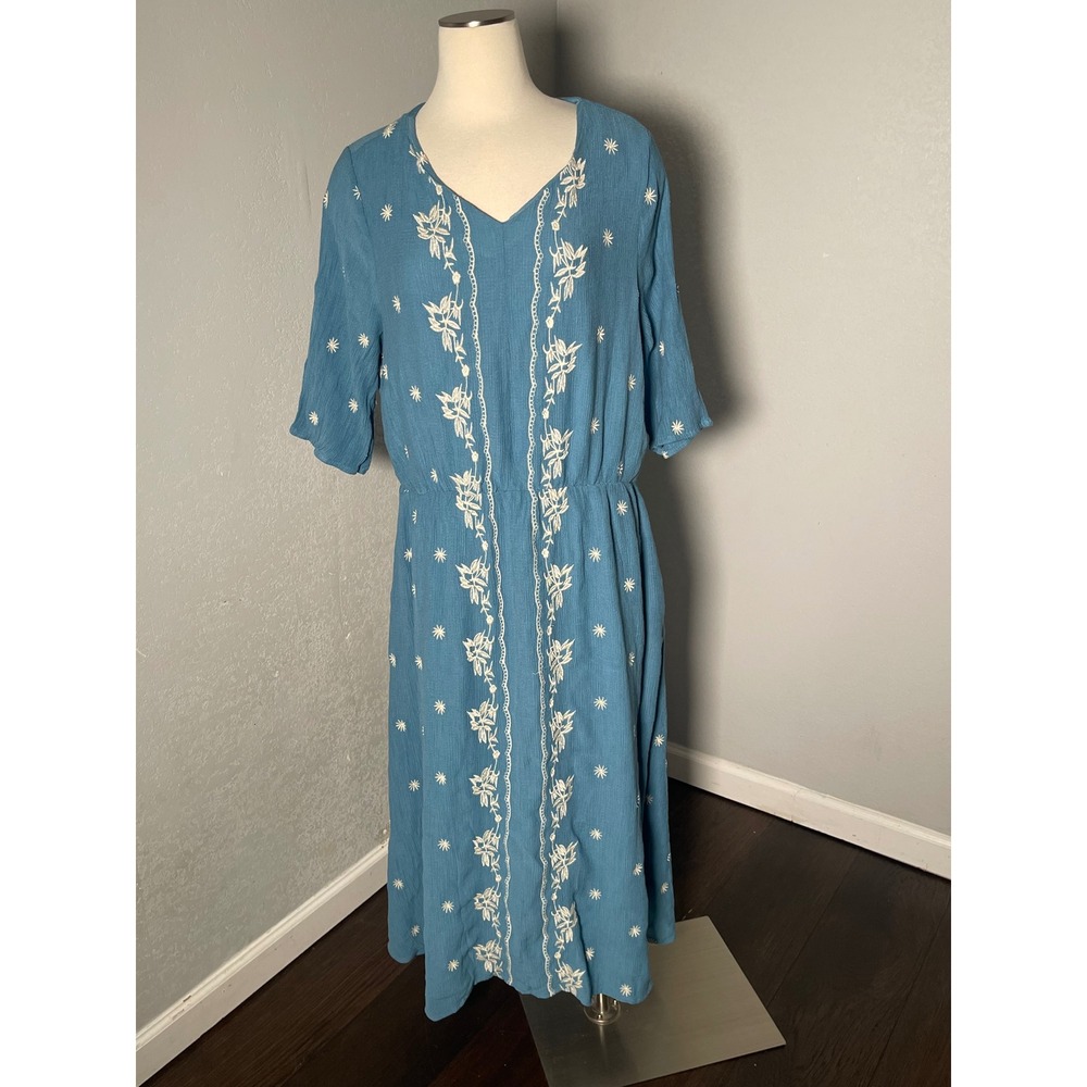 Sweet Salt Blue Embroidered Floral Midi Dress Womens 18/20 Modest
